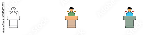 Public speaker and presenter icon set. Person standing at podium or lectern symbol. Vector illustration.