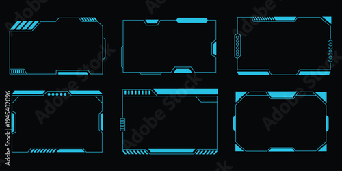 Futuristic HUD screen frame and digital technology border set. Cyan blue interface layout elements for gaming and data display. Vector Illustration.