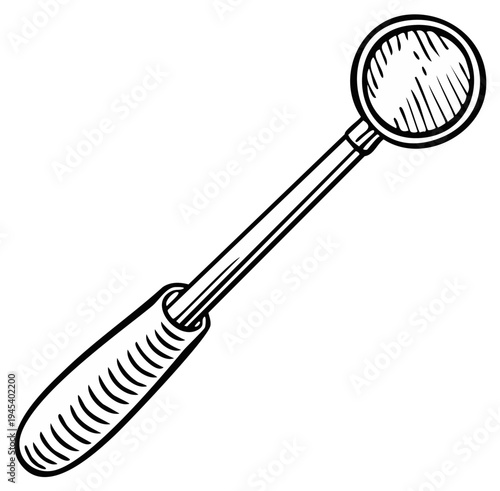 Dental mirror tool, medical equipment in line art style for healthcare and hygiene.