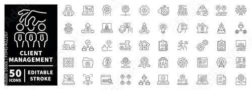 Client management outline icon set with editable stroke: linear thin line style icons collection
