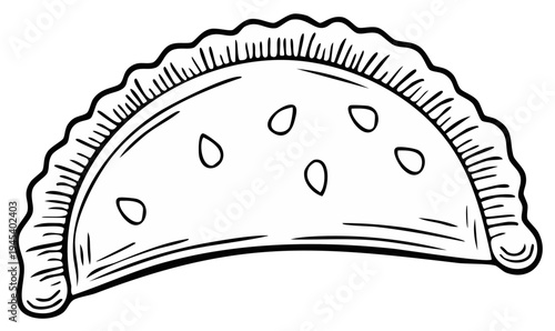 Hand-drawn illustration of a delicious pastry with decorative crimped edges and small seeds