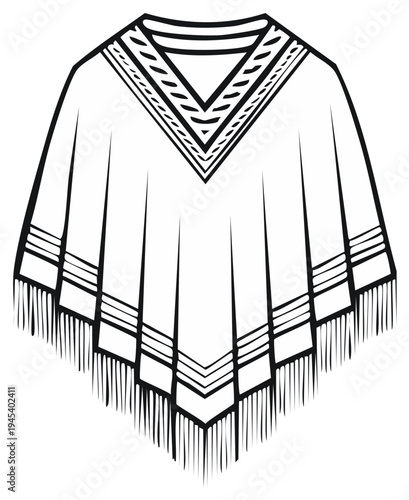 Illustrated poncho outline with fringe - traditional clothing design, cultural apparel