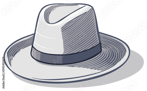 Stylized illustration of a classic fedora hat with a wide brim and ribbon band in grayscale tones