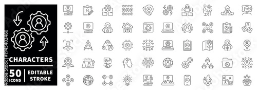 Character outline icon set with editable stroke in thin line style for creative design