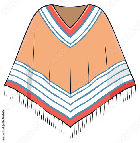 Colorful Striped Poncho with Fringe Edges Warm Clothing Garment Apparel Illustration