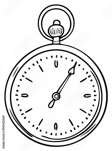 Hand drawn line art illustration of a vintage pocket watch with round face and chain loop
