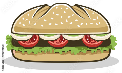Delicious illustrated sandwich with fresh vegetables and sesame seed bun isolated.