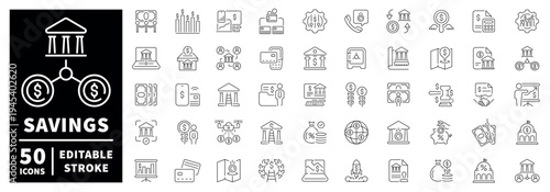 Savings outline icon set with editable stroke for financial concepts in thin line style