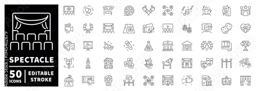 Theater and spectacle outline icon set: editable stroke style for entertainment events