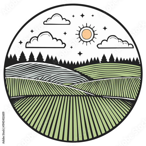 Rural landscape with cultivated fields and clouds in circle frame, countryside scene illustration