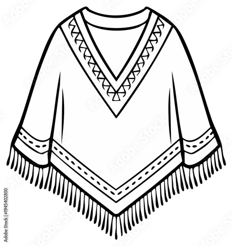 Line art of a traditional poncho with fringe and geometric details on white, hand drawn style, ethnic garment design