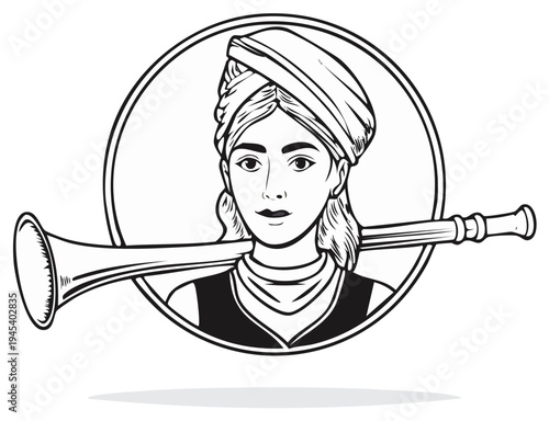 Illustration of a woman with a horn, in a circular frame