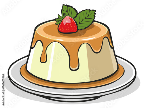 Delicious caramel panna cotta dessert with fresh strawberry and mint garnish on plate