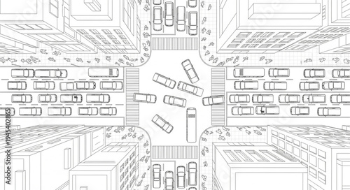Aerial view of a busy city intersection with traffic congestion.