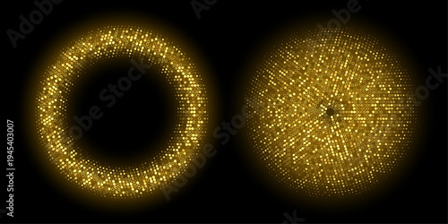 Collection of golden dotted pixel halftone round gradients. Vector illustration.