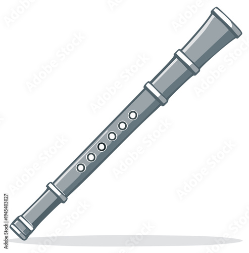 Cartoon illustration of a gray recorder musical instrument with finger holes and a flared mouthpiece, isolated on white background