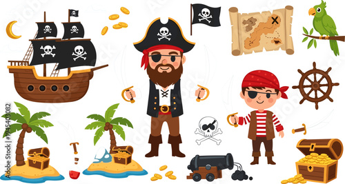 Pirate Adventure Icon Set Featuring Pirate Ship, Treasure, Swords, Parrot, Map, and Characters for Fun and Adventure Designs