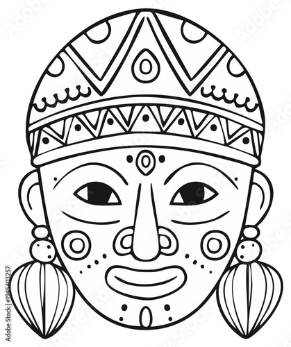 Intricate tribal mask with geometric patterns and symbolic adornments in outline style