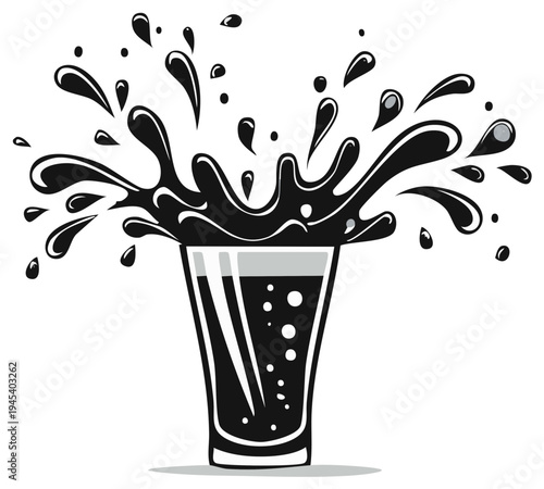 Dynamic dark liquid exploding from a clear glass in a splash motion