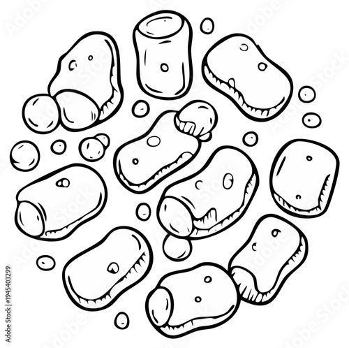 Cartoon marshmallows and bubbles floating in a circle, black and white outline illustration
