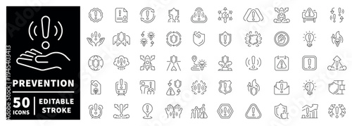 Prevention outline icon set: editable stroke emergency and safety symbols in thin line style