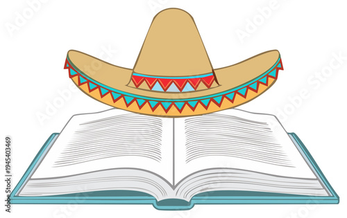 Traditional sombrero hat resting on an open book for cultural studies and Spanish language learning