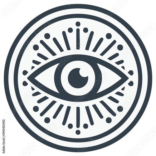 Mystical eye symbol in a circular frame with radiating lines and dots, occult design element