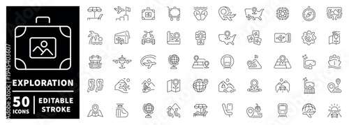 Exploration line icon set: editable stroke outline icons for adventure and travel