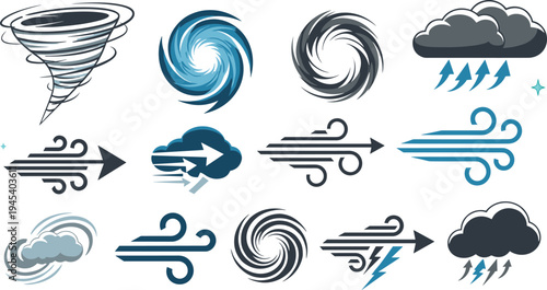 Storm wind and tornado weather icons with swirling vortex, gust arrows, thunder clouds and strong airflow symbols vector illustration set