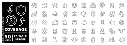 Insurance coverage outline icon set. editable stroke design in modern thin line style