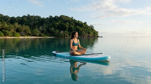 Young woman meditating on a stand-up paddleboard in the tranquil tropical ocean with lush island in the background, promoting wellness and peace.