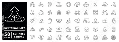 Sustainability outline icon set. editable stroke for eco-friendly, green energy, and environment