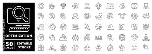 Seo and marketing outline icon set: editable stroke, thin line styled symbols