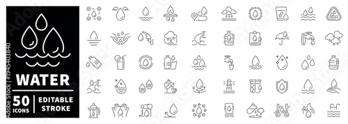 Water outline icon set with editable stroke. thin line style depicting water concepts.