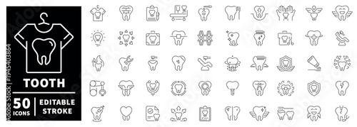 Dental care outline icon set in editable stroke style for tooth health and hygiene