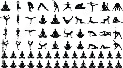 Yoga, Pose, Silhouette, Set, Meditation, Exercise, Fitness, Stretching, Balance, Wellness, Woman, Asana, Collection, Healthy, Lifestyle, Training, Flexibility, Sport, Black, Vector