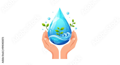 Illustration of hands cradling a water droplet with earth and green leaves, symbolizing World Water Day and eco-friendly conservation