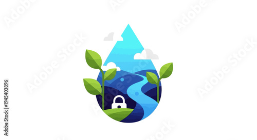 Illustration of a water drop with earth surrounded by leaves on a clean white background symbolizing World Water Day and eco-friendly design