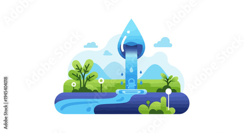 Illustration of a water drop pouring into a serene landscape with a stream, trees, and mountains on World Water Day, symbolizing eco-friendly nature and ecology