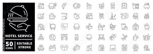 Hotel service outline icon set: editable stroke, thin line style for hospitality needs