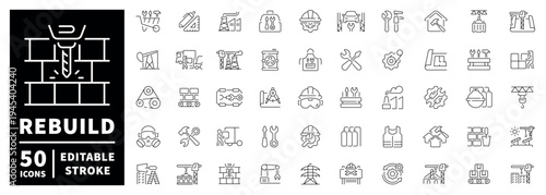 Construction outline icon set with editable stroke. thin line style for building and engineering concepts