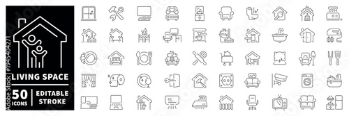 Living space outline icons set with editable stroke in modern thin line style
