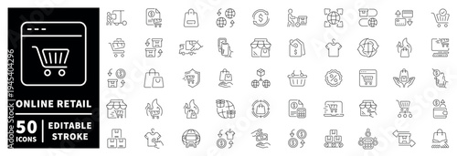 Online retail outline icon set: editable stroke thin line style for e-commerce and shopping