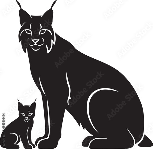 Iberian Lynx Mother and Cub Silhouette Vector Art 