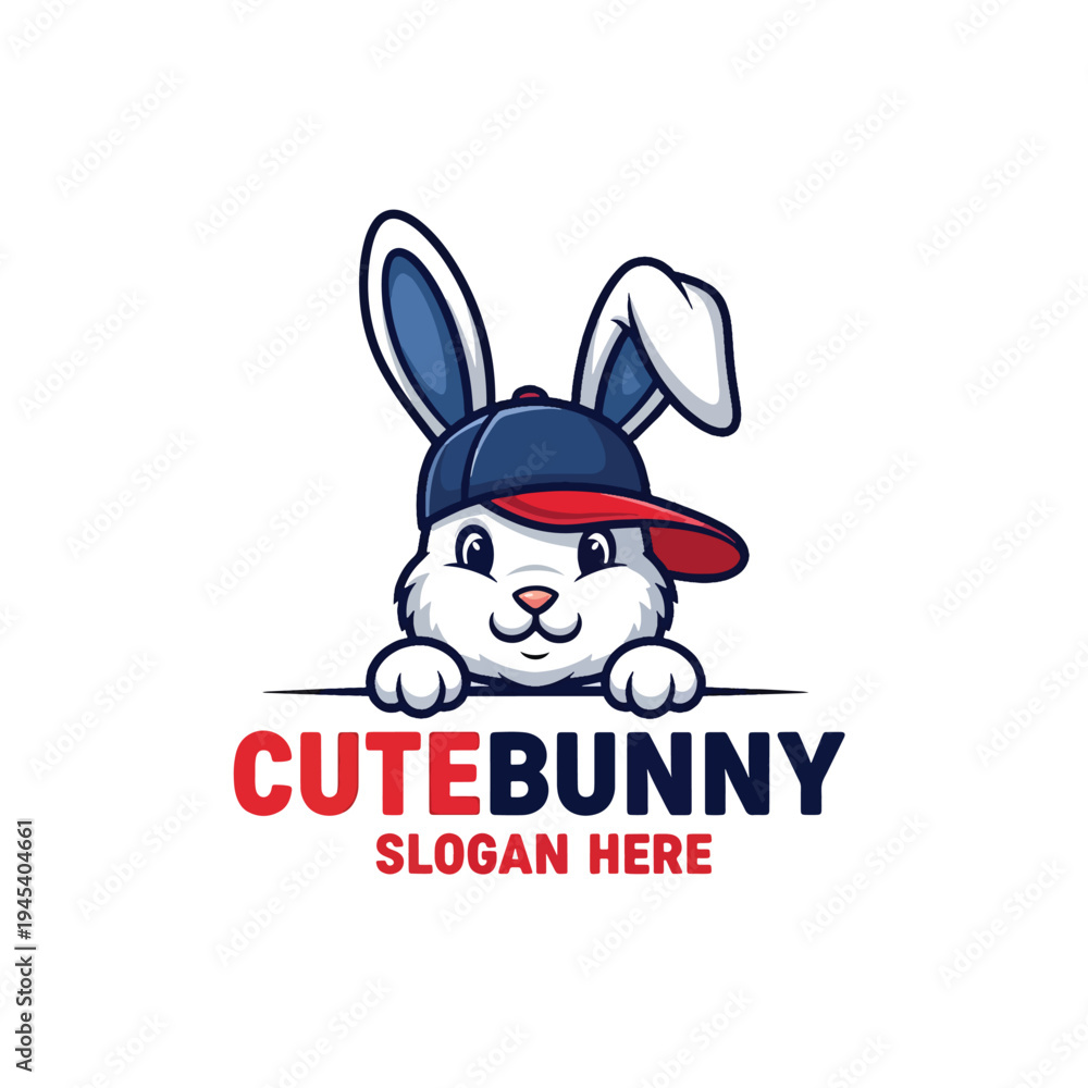 Fototapeta premium Cheerful cartoon rabbit character wearing a cap, peeking over a design element, fun animal mascot illustration.