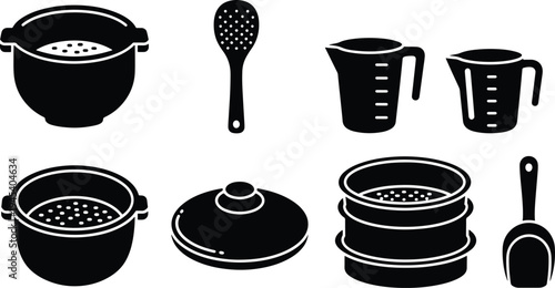 Kitchen cooking utensils silhouette set with pot, measuring cups, spoon and food preparation tools