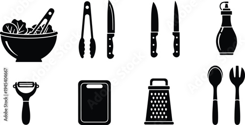 Kitchen cooking utensils silhouette icon set with knives, grater, cutting board and salad bowl