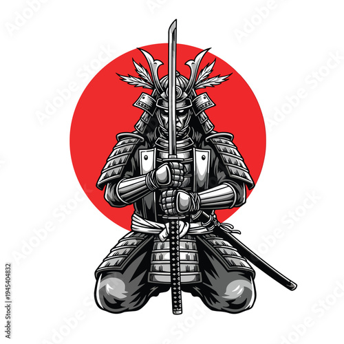 Powerful Armored Warrior Kneeling with Sword in Front of Red Circle Illustration