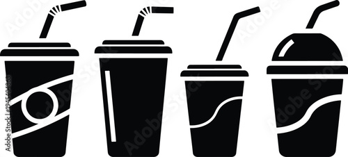 Takeaway drink cup silhouette icon set with straw lids for beverage and soda packaging