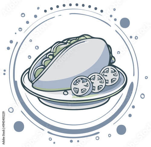 Delicious Taco and Tomato Slices in Artistic Circular Illustration Plate